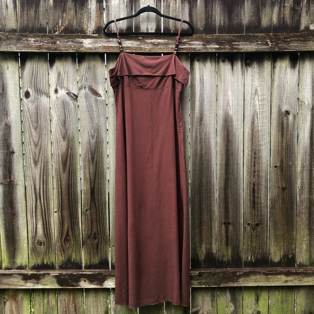 Paper Heart Linen Blend Maxi Dress Brown Sleeveless Size XL Beads Empire Waist
